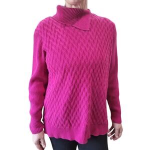 Lands’ End L Bright Magenta Cotton Waffle Knit Split Neck Sweater Preppy Ski